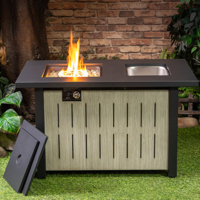 42 Inch Rectangular Outdoor Propane Gas Fire Pit Table 50,000 BTU Heater with Glass Bead Filler and Ice Bucket