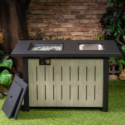 42 Inch Rectangular Outdoor Propane Gas Fire Pit Table 50,000 BTU Heater with Glass Bead Filler and Ice Bucket