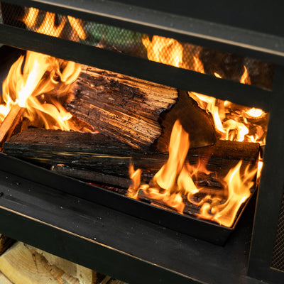 40 Inch Rectangular Outdoor Metal Wood Burning Fireplace with Log Storage and Poker