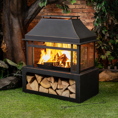 40 Inch Rectangular Outdoor Metal Wood Burning Fireplace with Log Storage and Poker
