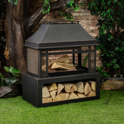 40 Inch Rectangular Outdoor Metal Wood Burning Fireplace with Log Storage and Poker