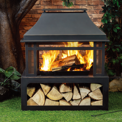 40 Inch Rectangular Outdoor Metal Wood Burning Fireplace with Log Storage and Poker