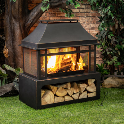 40 Inch Rectangular Outdoor Metal Wood Burning Fireplace with Log Storage and Poker