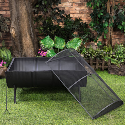 35 Inch Rectangular Outdoor Metal Wood Burning Barrel Firepit with Screen Lid and Poker