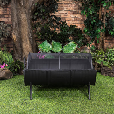 35 Inch Rectangular Outdoor Metal Wood Burning Barrel Firepit with Screen Lid and Poker