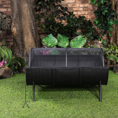 35 Inch Rectangular Outdoor Metal Wood Burning Barrel Firepit with Screen Lid and Poker