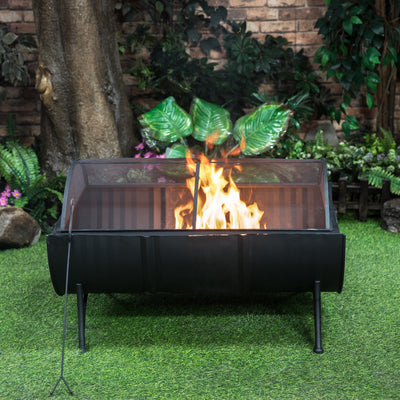 35 Inch Rectangular Outdoor Metal Wood Burning Barrel Firepit with Screen Lid and Poker