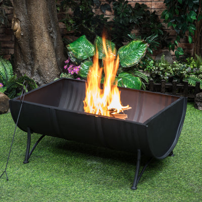 35 Inch Rectangular Outdoor Metal Wood Burning Barrel Firepit with Screen Lid and Poker