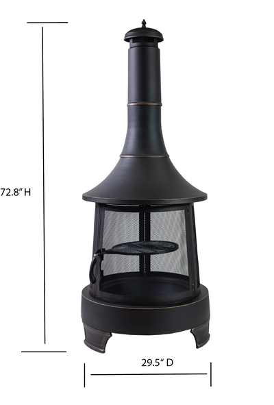 30 Inch Diameter Outdoor Steel Wood Burning Chimney Firepit with Cast Iron Cooking Grill and Poker