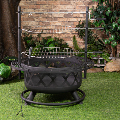 33 Inch Diameter Outdoor Steel Wood Burning Fire Pit with 2 Cooking Grills, Rotisserie and Poker