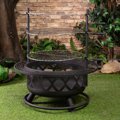 33 Inch Diameter Outdoor Steel Wood Burning Fire Pit with 2 Cooking Grills, Rotisserie and Poker