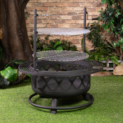 33 Inch Diameter Outdoor Steel Wood Burning Fire Pit with 2 Cooking Grills, Rotisserie and Poker