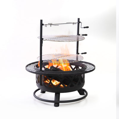 33 Inch Diameter Outdoor Steel Wood Burning Fire Pit with 2 Cooking Grills, Rotisserie and Poker