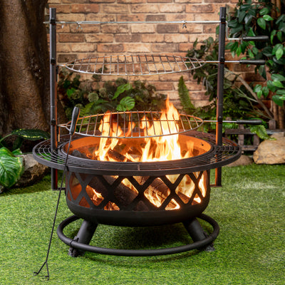 33 Inch Diameter Outdoor Steel Wood Burning Fire Pit with 2 Cooking Grills, Rotisserie and Poker