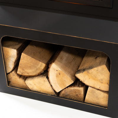 26" Square Outdoor Steel Wood Burning Fireplace with Cast Iron Cooking Grill, Log Storage and Poker