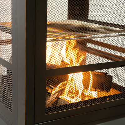 26" Square Outdoor Steel Wood Burning Fireplace with Cast Iron Cooking Grill, Log Storage and Poker