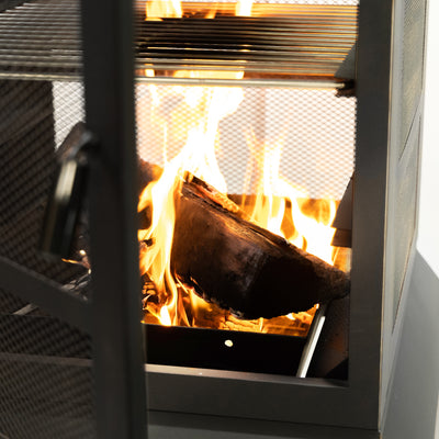 26" Square Outdoor Steel Wood Burning Fireplace with Cast Iron Cooking Grill, Log Storage and Poker