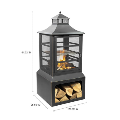 26" Square Outdoor Steel Wood Burning Fireplace with Cast Iron Cooking Grill, Log Storage and Poker