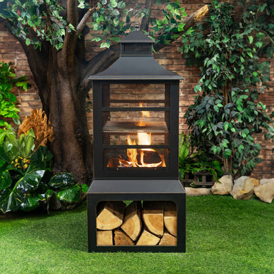 26" Square Outdoor Steel Wood Burning Fireplace with Cast Iron Cooking Grill, Log Storage and Poker