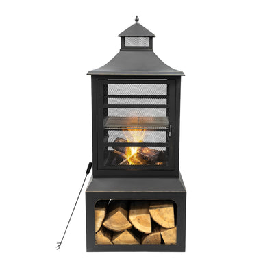 26" Square Outdoor Steel Wood Burning Fireplace with Cast Iron Cooking Grill, Log Storage and Poker