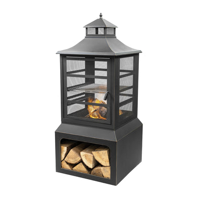 26" Square Outdoor Steel Wood Burning Fireplace with Cast Iron Cooking Grill, Log Storage and Poker