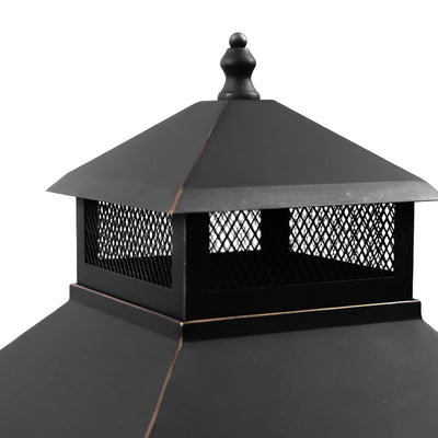26" Square Outdoor Steel Wood Burning Fireplace with Cast Iron Cooking Grill, Log Storage and Poker