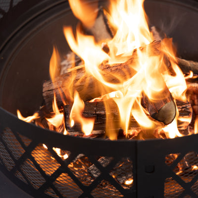 38 Inch Diameter Outdoor Steel Wood Burning Fire Pit with Log Storage, Poker and Screen Lid