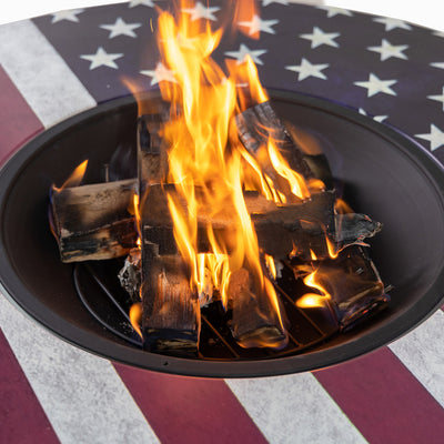 38 Inch Diameter Commemorative Outdoor Steel Wood Burning Fire Pit with Log Storage, Poker and Screen Lid