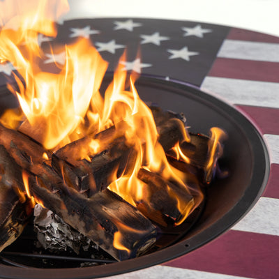 38 Inch Diameter Commemorative Outdoor Steel Wood Burning Fire Pit with Log Storage, Poker and Screen Lid