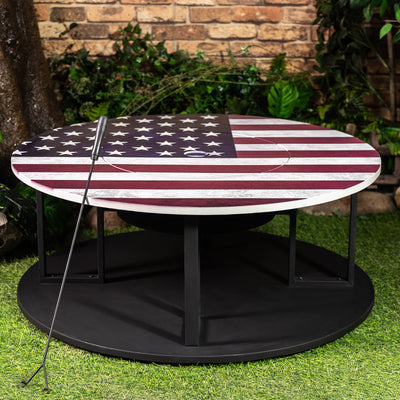 38 Inch Diameter Commemorative Outdoor Steel Wood Burning Fire Pit with Log Storage, Poker and Screen Lid