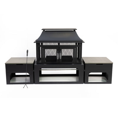 70 Inch Rectangular Outdoor Steel Wood Burning Fireplace with Log Storage, Poker and Side Tables