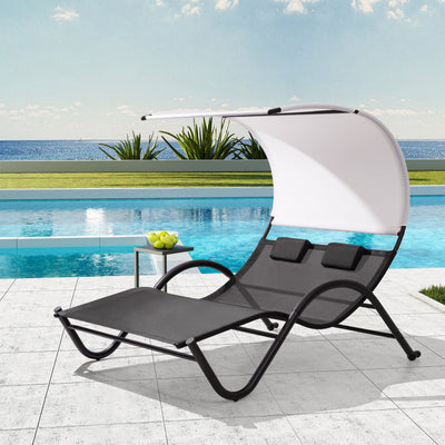 Outdoor Double Chaise Textilene Lounge Daybed with Canopy and Headrest Pillows