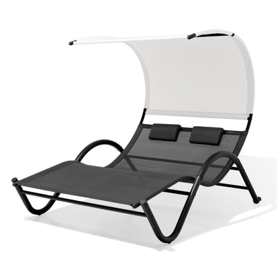 Outdoor Double Chaise Textilene Lounge Daybed with Canopy and Headrest Pillows