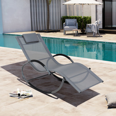 Outdoor Rocking Chaise Textilene Lounge Chair with Headrest Pillow