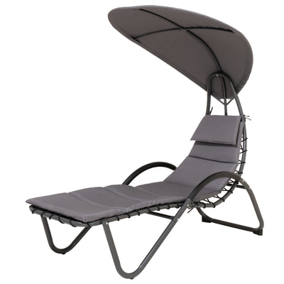 Outdoor Cushioned Chaise Lounge with Canopy and Headrest Pillow