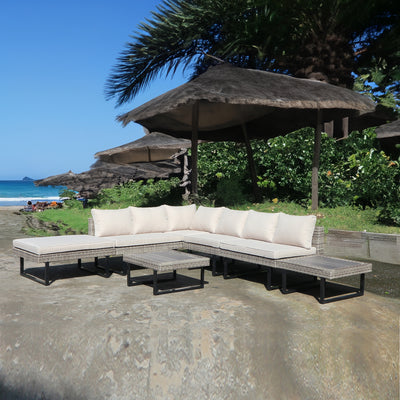 8 Place Seating Outdoor Wicker Corner Sectional Sofa and Ottoman Set with Table
