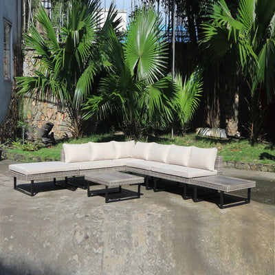 8 Place Seating Outdoor Wicker Corner Sectional Sofa and Ottoman Set with Table