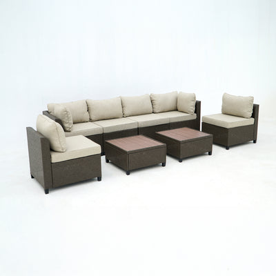 8 Piece Brown Outdoor Sectional Wicker Sofa Chairs and Tableswith Interchangable Beige and Red Cushion Covers
