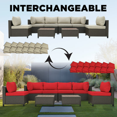 8 Piece Gray Outdoor Sectional Wicker Sofa Chairs and Tableswith Interchangable Blue and Gray Cushion Covers