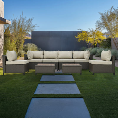 8 Piece Brown Outdoor Sectional Wicker Sofa Chairs and Tableswith Interchangable Beige and Red Cushion Covers