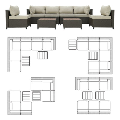 8 Piece Brown Outdoor Sectional Wicker Sofa Chairs and Tableswith Interchangable Beige and Red Cushion Covers