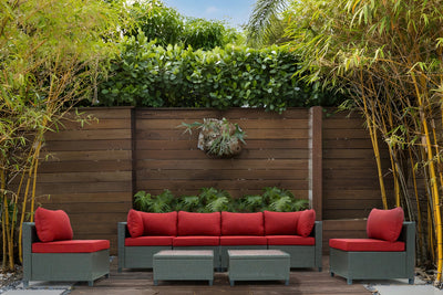 8 Piece Brown Outdoor Sectional Wicker Sofa Chairs and Tableswith Interchangable Beige and Red Cushion Covers