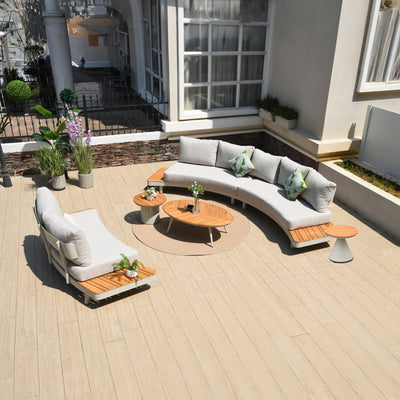 6 Place Seating Outdoor Cream Aluminum and Teak Contour Sofa Set