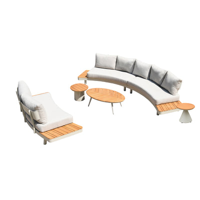6 Place Seating Outdoor Cream Aluminum and Teak Contour Sofa Set