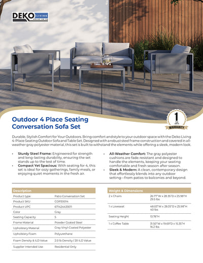 4 Place Seating Outdoor Gray Sofa and Table Set