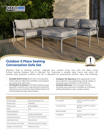 5 Place Seating Outdoor Gray Sofa and Ottoman Set