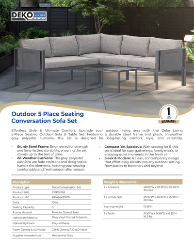 5 Place Seating Outdoor Gray Sofa and Table Set