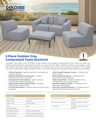 4 Place SeatingGray Outdoor Compressed Foam Sofa and Table Set