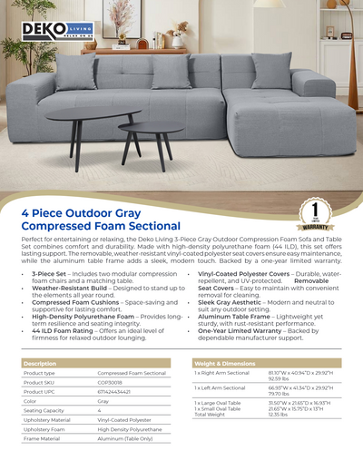 4 Piece Gray Outdoor Compressed Foam Sectional Sofa Lounger and Table Set