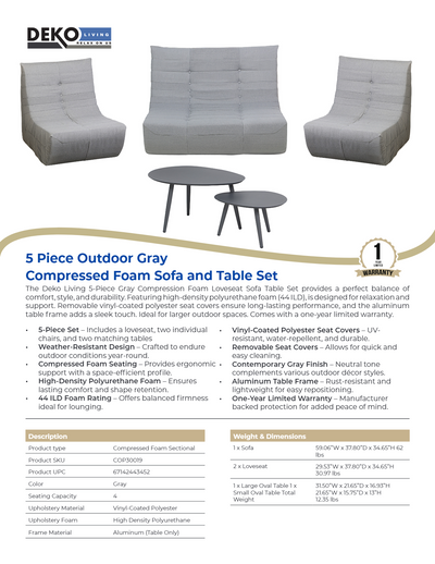 5 Piece Gray Outdoor Compressed Foam Loveseat Sofa Chairs and Table Set